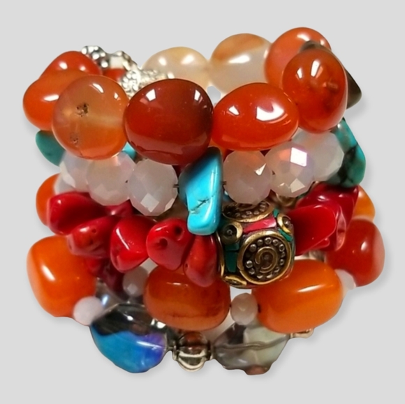 Hand Crafted Jewelry - Hand Crafted Boho Beaded Agate, Coral, Turquoise and Amber Wrap Bracelet